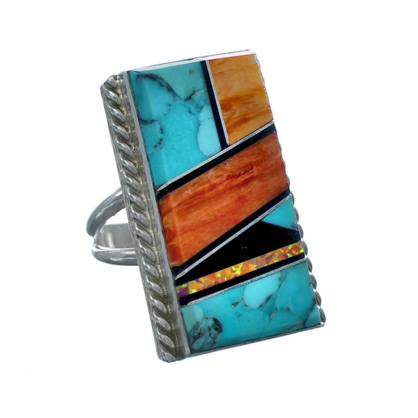 Native American Sterling Silver Multicolor Inlay Ring Size 7-1/4 NN20606