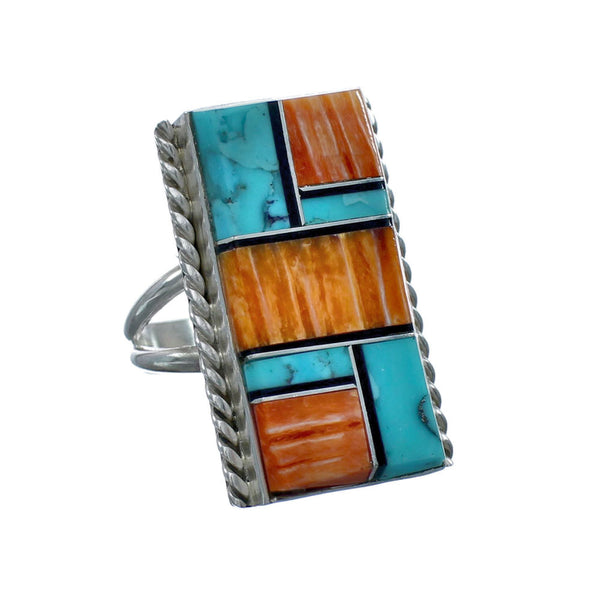 Native American Sterling Silver Multicolor Inlay Ring Size 7-1/2 NN20607