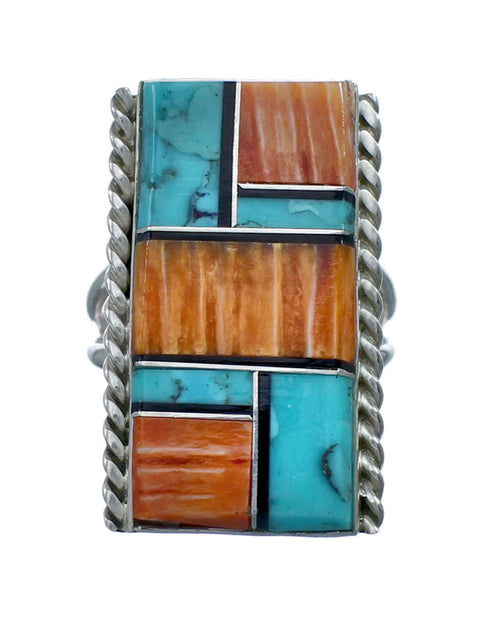 Native American Sterling Silver Multicolor Inlay Ring Size 7-1/2 NN20607