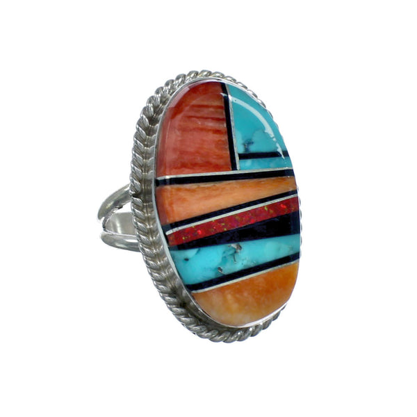Native American Sterling Silver Multicolor Inlay Ring Size 7-3/4 NN20598