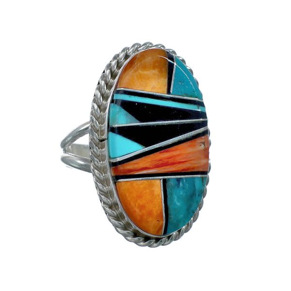 Native American Sterling Silver Multicolor Inlay Ring Size 7-1/2 NN20599