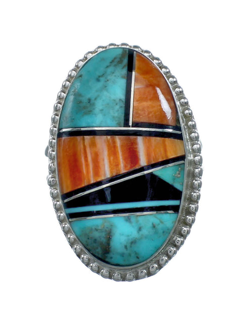 Native American Sterling Silver Multicolor Inlay Ring Size 8-1/2 NN20610