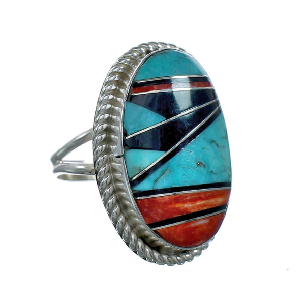 Native American Sterling Silver Multicolor Inlay Ring Size 9-1/4 NN20609