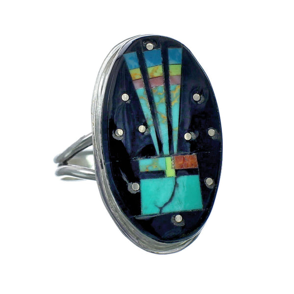 Genuine Sterling Silver Navajo Adjustable Multicolor Inlay Ring Size 9, 10, 11 NN20584