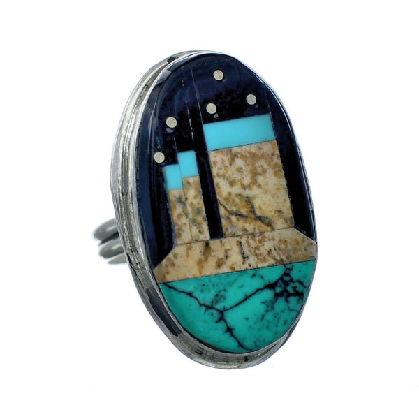 Genuine Sterling Silver Navajo Adjustable Multicolor Inlay Ring Size 9, 10, 11 NN20669