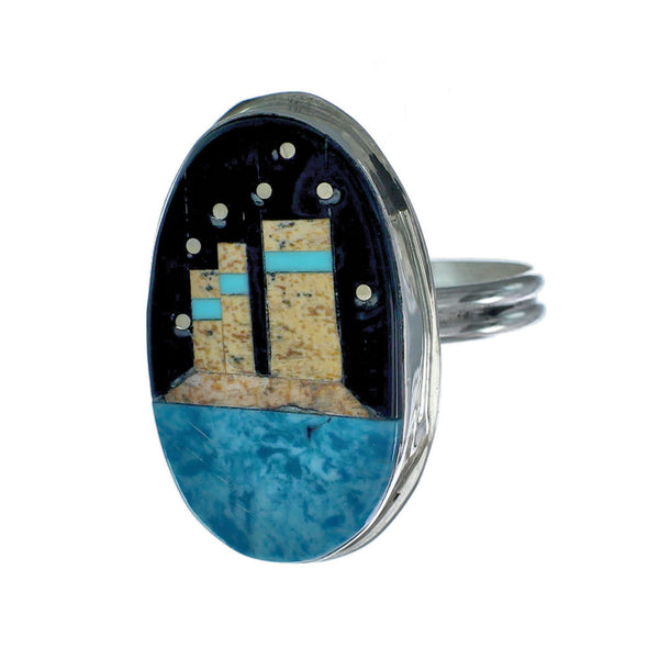 Genuine Sterling Silver Navajo Adjustable Multicolor Inlay Ring Size 9, 10, 11 NN20668