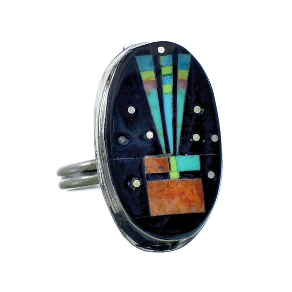 Genuine Sterling Silver Navajo Adjustable Multicolor Inlay Ring Size 9, 10, 11 NN20585