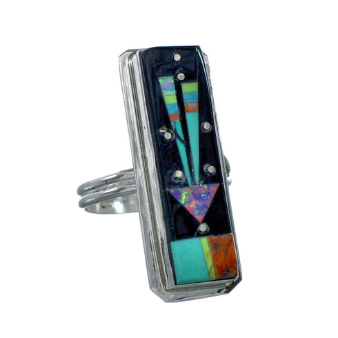 Genuine Sterling Silver Navajo Adjustable Multicolor Inlay Ring Size 8, 9, 10, 11 NN20667