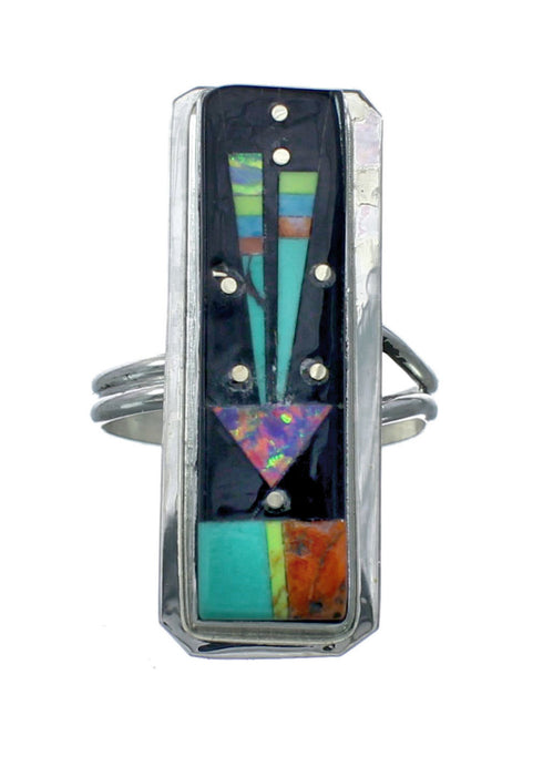 Genuine Sterling Silver Navajo Adjustable Multicolor Inlay Ring Size 8, 9, 10, 11 NN20667