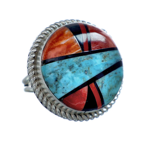 Native American Sterling Silver Multicolor Inlay Ring Size 7-1/4 NN20655