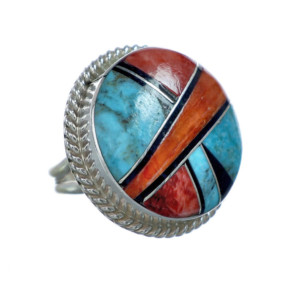 Native American Sterling Silver Multicolor Inlay Ring Size 6-3/4 NN20657