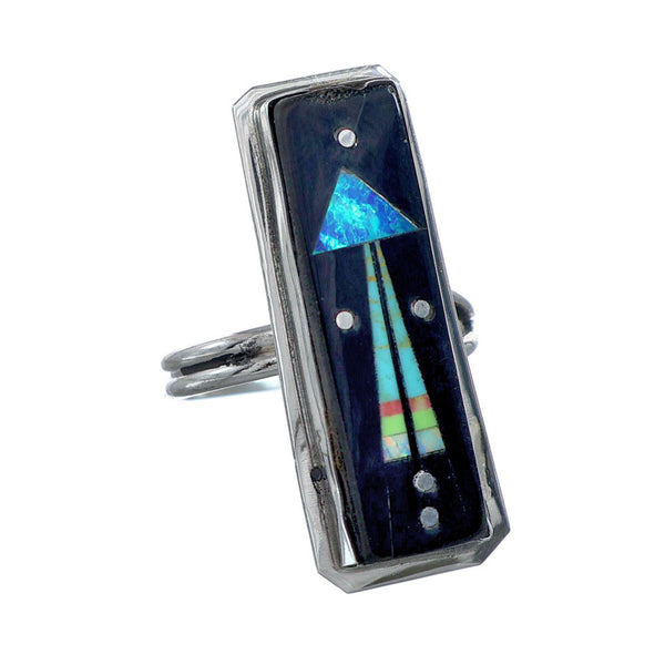 Genuine Sterling Silver Navajo Adjustable Multicolor Inlay Ring Size 8, 9, 10, NX11757