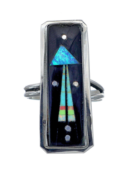 Genuine Sterling Silver Navajo Adjustable Multicolor Inlay Ring Size 8, 9, 10, NX11757