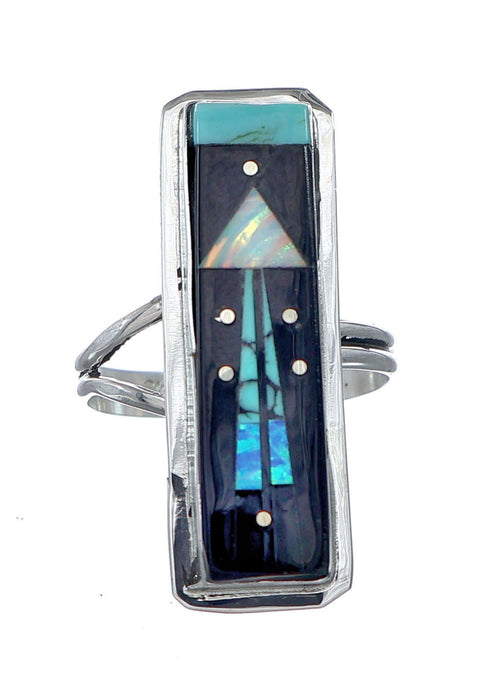Genuine Sterling Silver Navajo Adjustable Multicolor Inlay Ring Size 8, 9, 10, NX11759