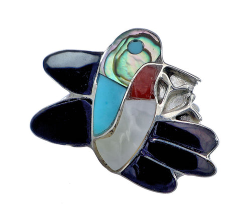 Zuni Multicolor Inlay Genuine Sterling Silver Hummingbird Ring Size 7-1/4 NN20852