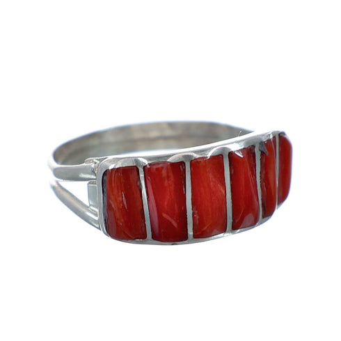 Zuni Coral Inlay Genuine Sterling Silver Ring Size 7-1/2 NN20832