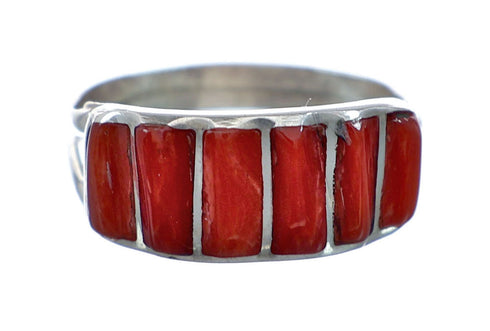 Zuni Coral Inlay Genuine Sterling Silver Ring Size 7-1/2 NN20832