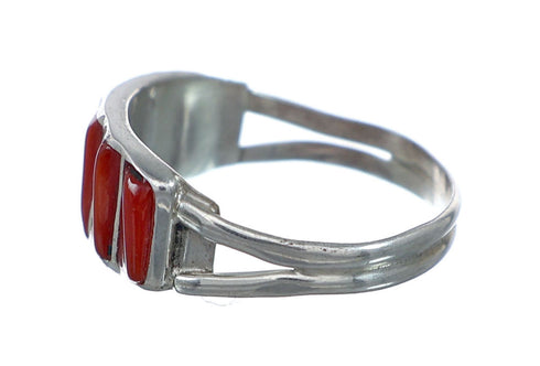 Zuni Coral Inlay Genuine Sterling Silver Ring Size 7-1/2 NN20832