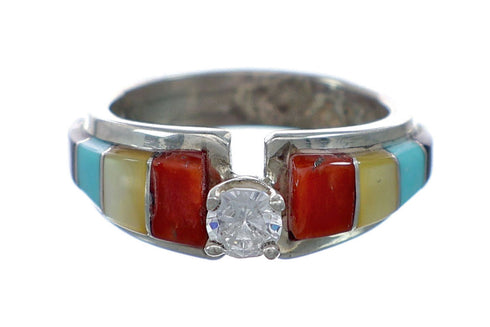 Zuni Genuine Sterling Silver CZ And Multicolor Ring Size 7-3/4 NX11880