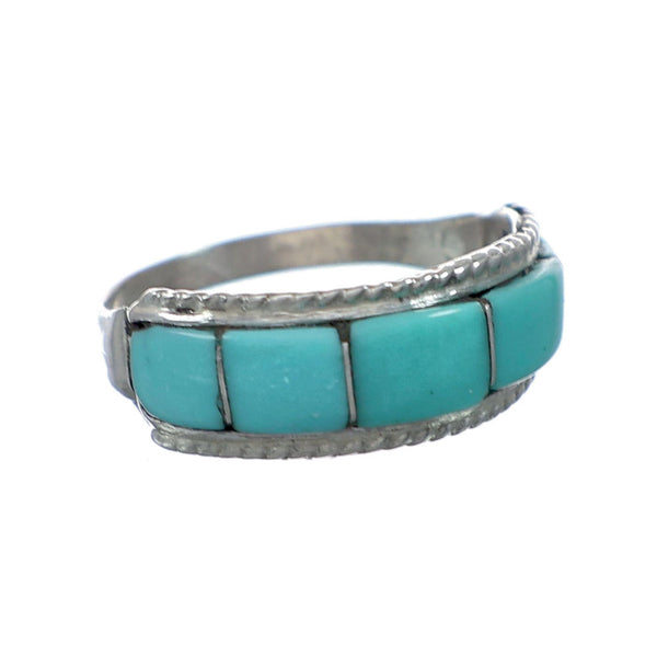 Zuni Sterling Silver Turquoise Inlay Ring Size 7-1/2 NX12385