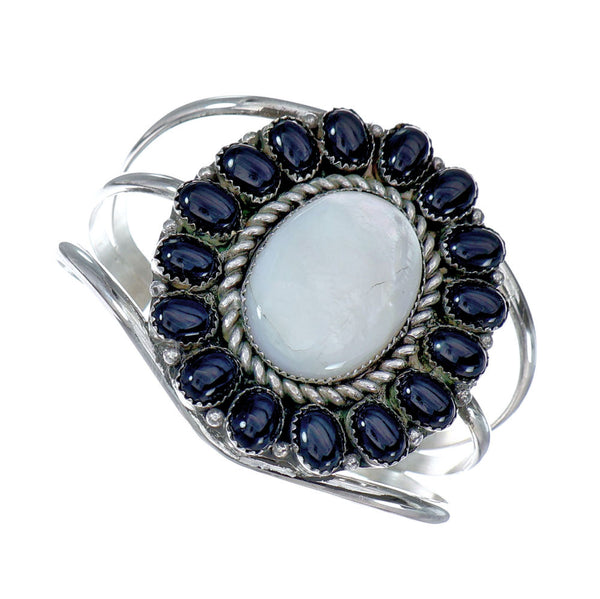 Native American Sterling Silver Mother Of Pearl Onyx Cuff Bracelet NX11775