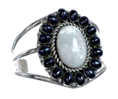 Native American Sterling Silver Mother Of Pearl Onyx Cuff Bracelet NX11775