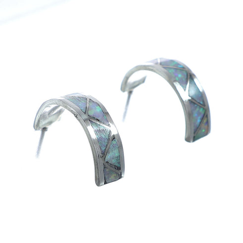Navajo Sterling Silver Opal Post Hoop Earrings NN20685