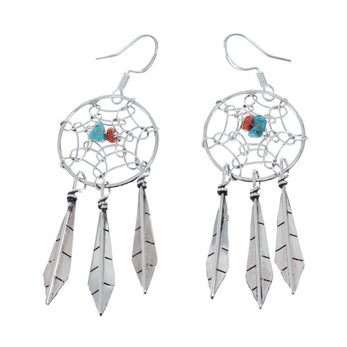 Sterling Silver Coral Turquoise Dream Catcher Feather Navajo Hook Dangle Earrings NN20680