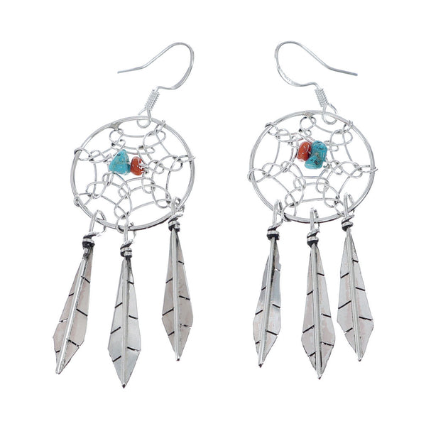 Sterling Silver Coral Turquoise Dream Catcher Feather Navajo Hook Dangle Earrings NN20680