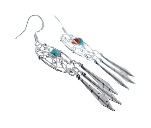 Sterling Silver Coral Turquoise Dream Catcher Feather Navajo Hook Dangle Earrings NN20680