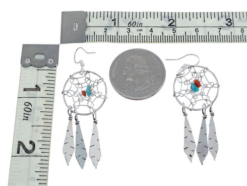 Sterling Silver Coral Turquoise Dream Catcher Feather Navajo Hook Dangle Earrings NN20680