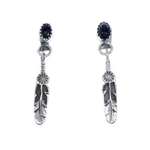 Onyx Sterling Silver Feather Navajo Post Dangle Earrings NN20682