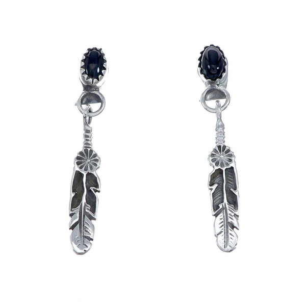 Onyx Sterling Silver Feather Navajo Post Dangle Earrings NN20682