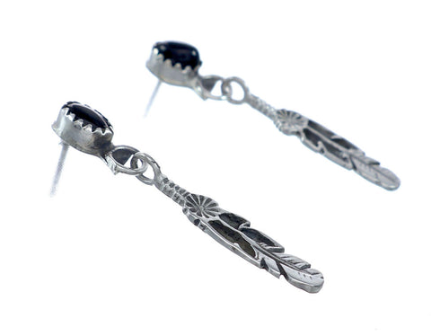 Onyx Sterling Silver Feather Navajo Post Dangle Earrings NN20682