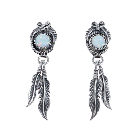 Feather Opal Sterling Silver Native American Hook Dangle Earrings NN20696
