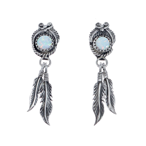 Feather Opal Sterling Silver Native American Hook Dangle Earrings NN20696