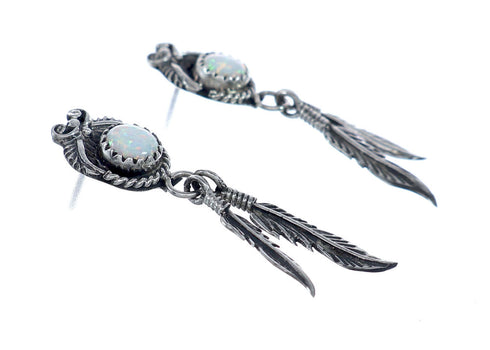 Feather Opal Sterling Silver Native American Hook Dangle Earrings NN20696