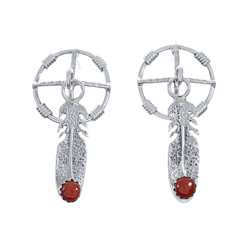 Navajo Sterling Silver Coral Medicine Wheel Feather Post Dangle Earrings NN20679