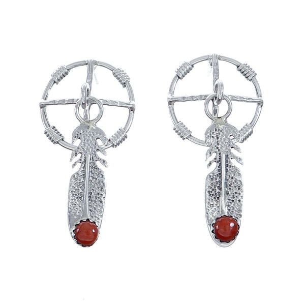 Navajo Sterling Silver Coral Medicine Wheel Feather Post Dangle Earrings NN20679