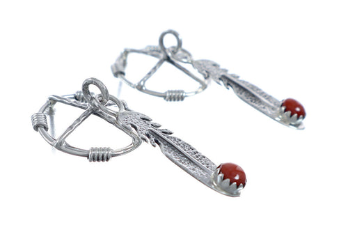 Navajo Sterling Silver Coral Medicine Wheel Feather Post Dangle Earrings NN20679