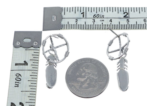 Navajo Sterling Silver Coral Medicine Wheel Feather Post Dangle Earrings NN20679