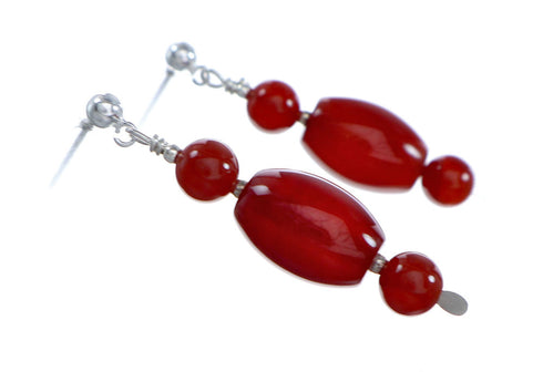 Navajo Carnelian Silver Bead Post Dangle Earrings NX11819