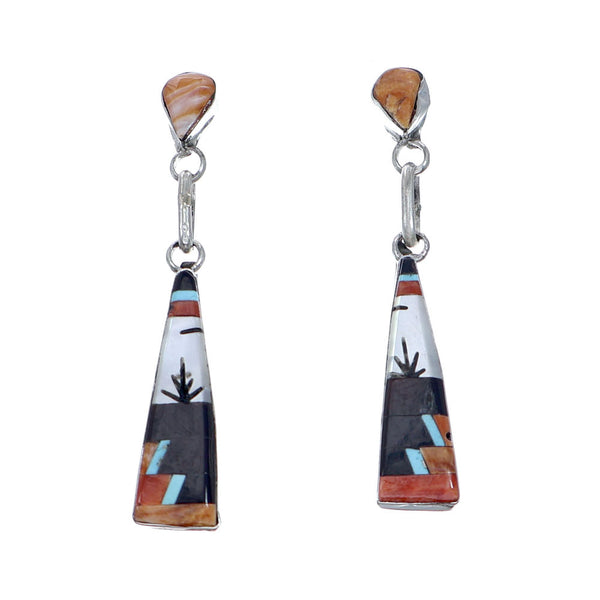Native American Zuni Sterling Silver Multicolor Inlay Post Dangle Earrings NX11839