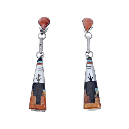 Native American Zuni Sterling Silver Multicolor Inlay Post Dangle Earrings NX11840