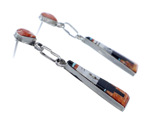 Native American Zuni Sterling Silver Multicolor Inlay Post Dangle Earrings NX11840