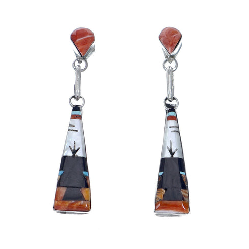 Native American Zuni Sterling Silver Multicolor Inlay Post Dangle Earrings NX11841