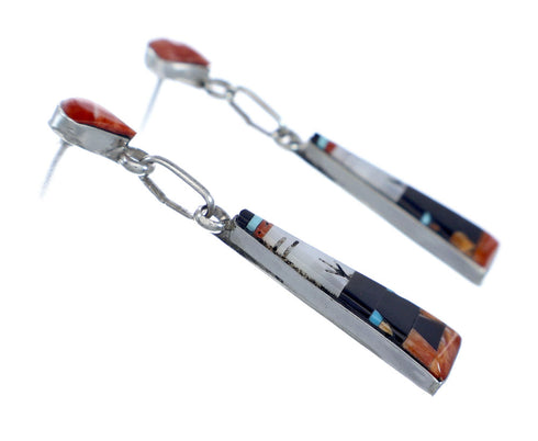 Native American Zuni Sterling Silver Multicolor Inlay Post Dangle Earrings NX11841
