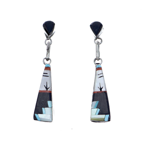 Authentic Zuni Sterling Silver Multicolor Inlay Post Dangle Earrings NX11842