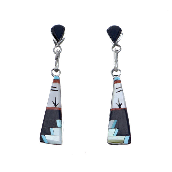 Authentic Zuni Sterling Silver Multicolor Inlay Post Dangle Earrings NX11842