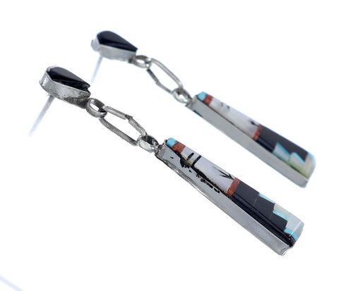 Authentic Zuni Sterling Silver Multicolor Inlay Post Dangle Earrings NX11842
